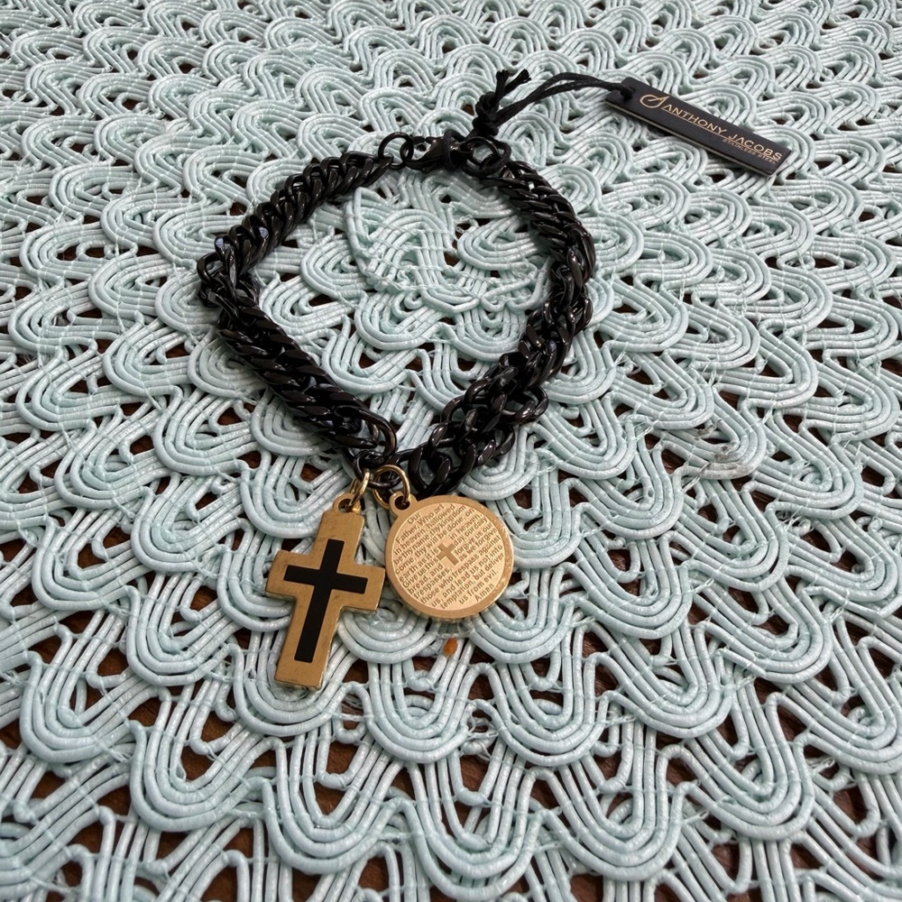 Anthony Jacobs Stainless Steel Black and Gold Chain Bracelet with Cross Charm